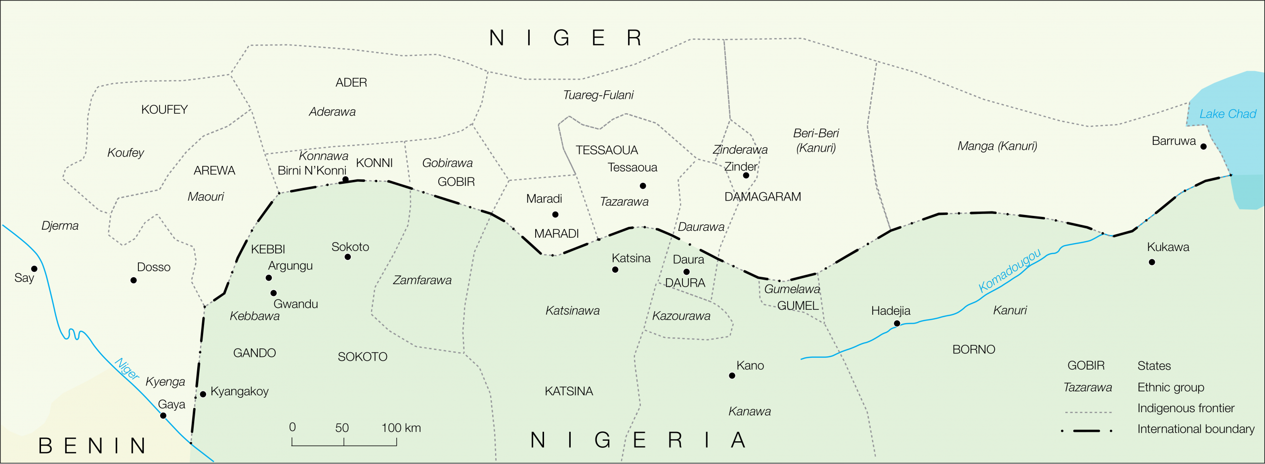 Map of the international boundary between Niger and Nigeria showing states and ethnic group distributions