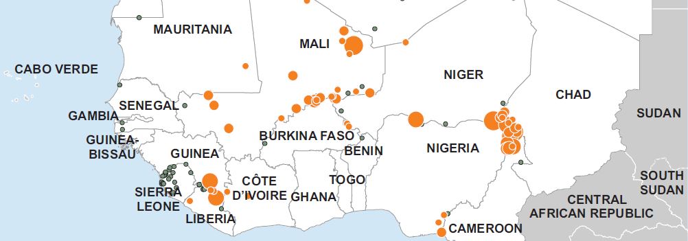 Bubble map of West Africa showing the distribution and scale of data points across various countries